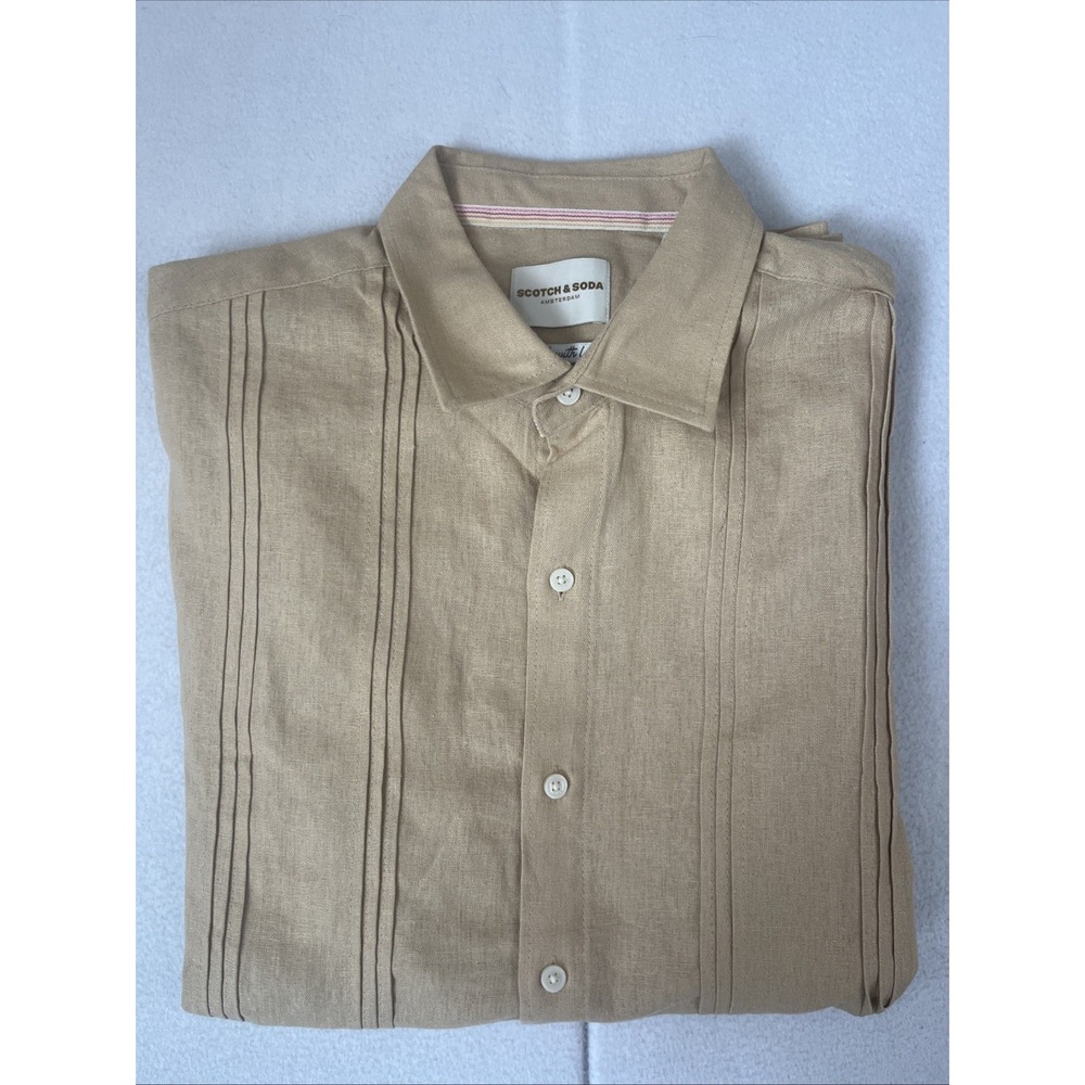Scotch and Soda Mens Short Sleeve Linen Woven Shirt Tan L Pleated Button Up